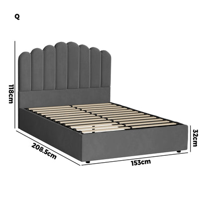 Grey Ellora Velvet Gas Lift Bed - Queen