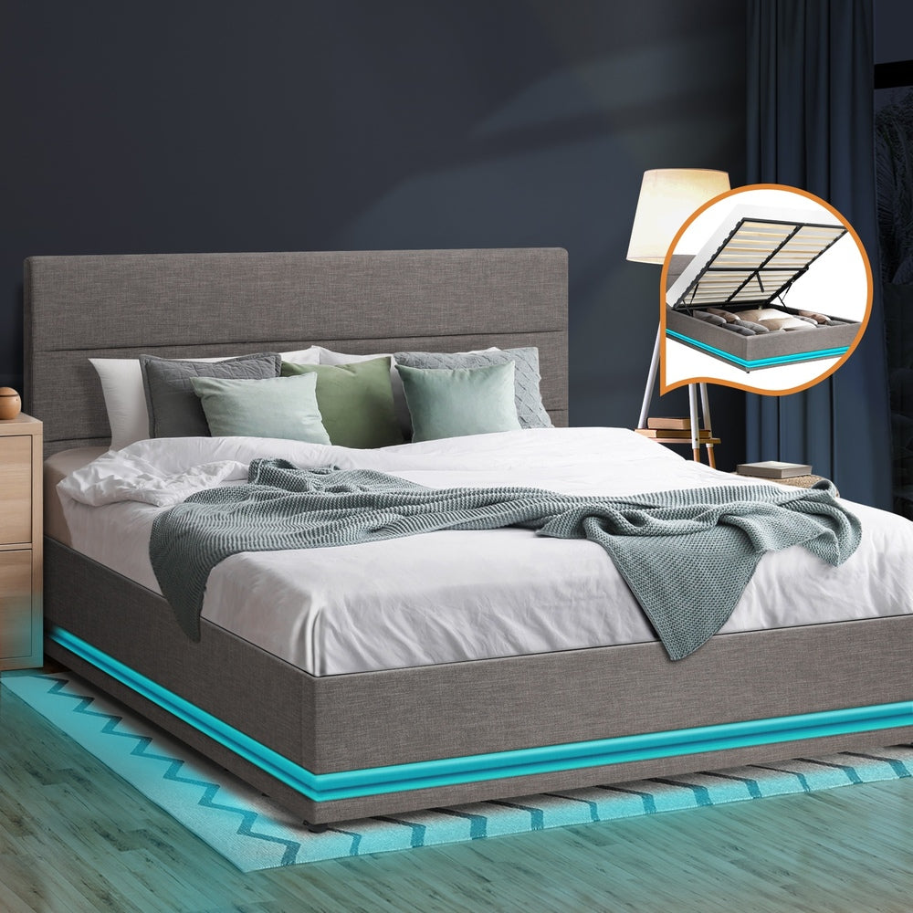 Nate Grey Gas Lift Storage Bed with LED - Double