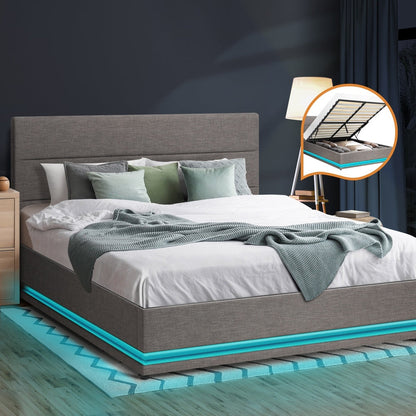 Nate Grey Gas Lift Storage Bed with LED - Double
