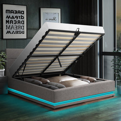 Nate Grey Gas Lift Storage Bed with LED - Queen