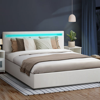 White Colson LED Gas Lift Storage Bed - Double