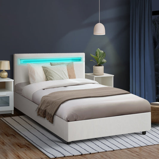 White Colson LED Gas Lift Storage Bed - King Single