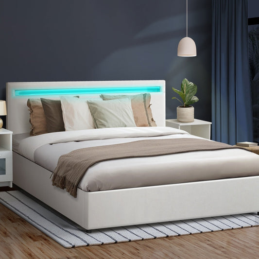 White Colson LED Gas Lift Storage Bed - Queen