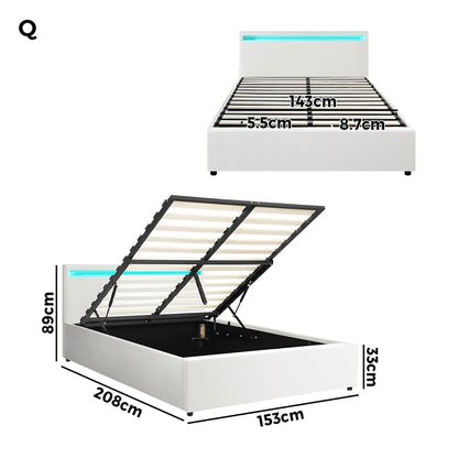 White Colson LED Gas Lift Storage Bed - Queen