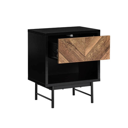 Verona Bedside Side Table Nightstand 1 Drawer Woodgrain and Black