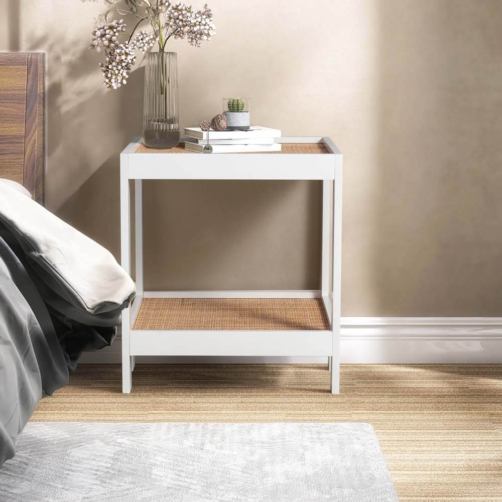 Soraya Side Table Bedside Table Open Shelf White and Rattan