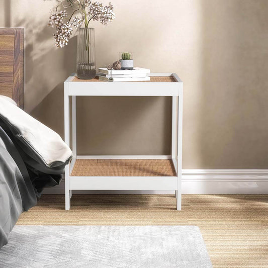 Soraya Side Table Bedside Table Open Shelf White and Rattan