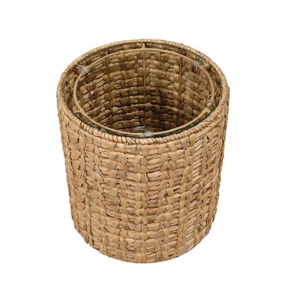 Beatrice Side Table Bedside Round Glass Top 41cm woven