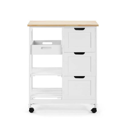 Mobile Kitchen Trolley Drinks Caddy 3 drawers 2 shelves white and woodgrain